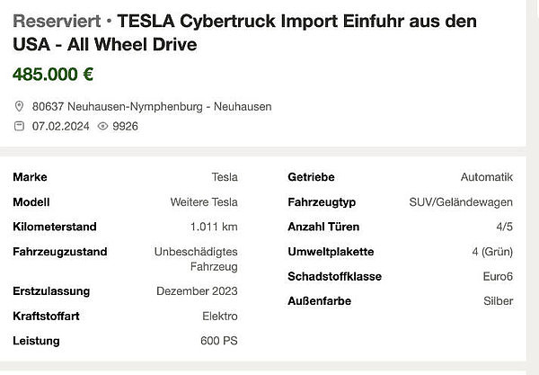 特斯拉Cybertruck在德国挂出375万天价 买到即赚翻？ - 2