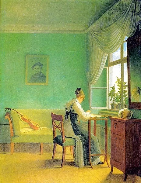 1812年 Georg Friedrich Kersting 绘制的使用了舍勒绿的油画。图片来源：wikipedia