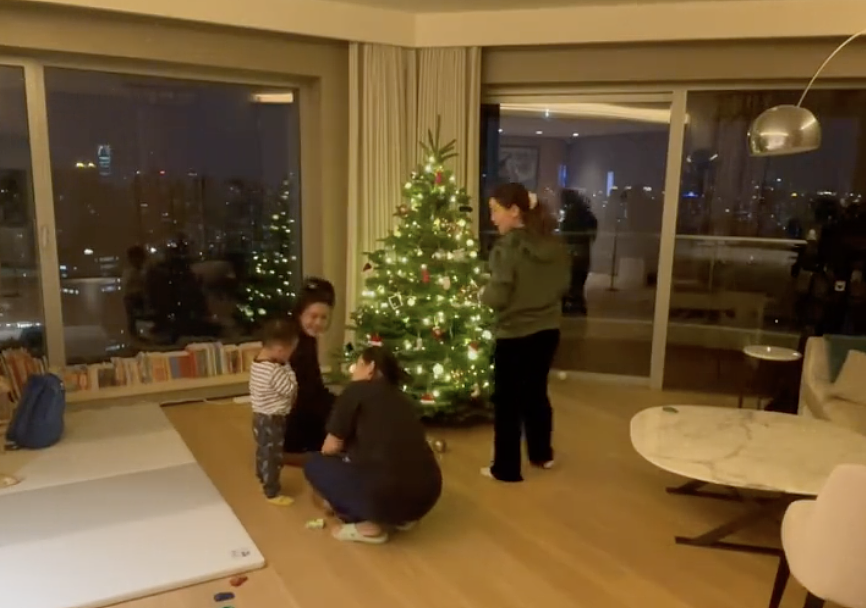 奚梦瑶产后陪儿子装饰圣诞树，两个保姆一起帮忙，超大客厅好敞亮 - 8