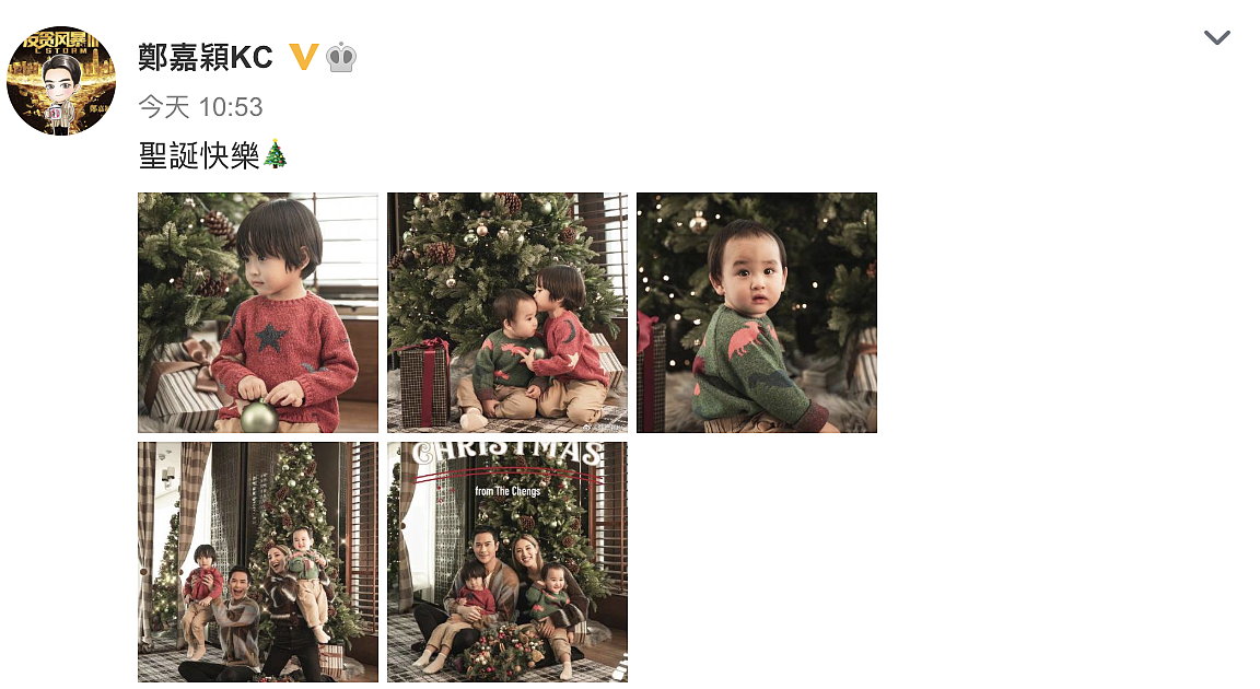 郑嘉颖圣诞节晒全家福，和陈凯琳给儿子们举高高，画面幸福洋溢 - 1