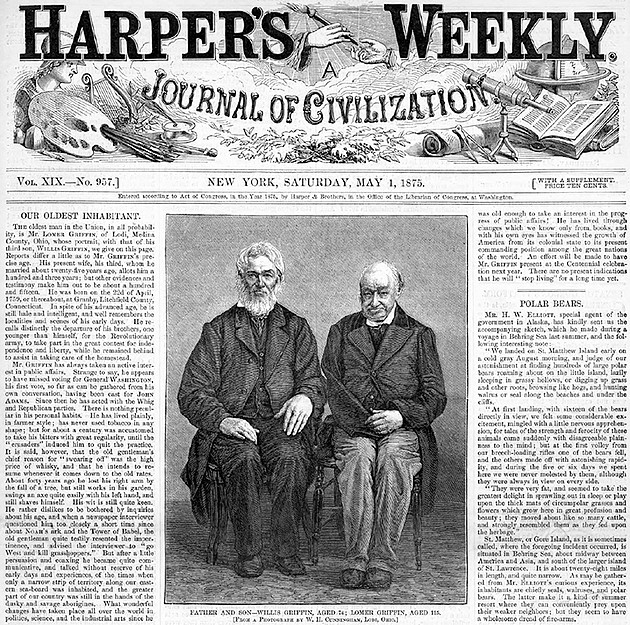 1875年，《哈珀周报》宣布美国俄亥俄州的洛莫·格里芬以116岁高龄，成为了全联邦最长寿的人类。虽然这一报道引发了许多争议，但格里芬的确是极端长寿的一大典例。