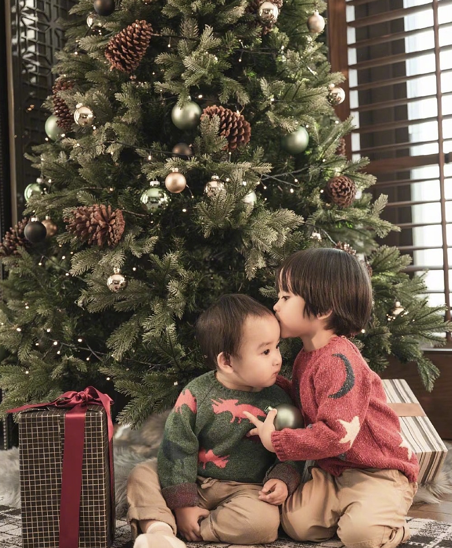 郑嘉颖圣诞节晒全家福，和陈凯琳给儿子们举高高，画面幸福洋溢 - 4