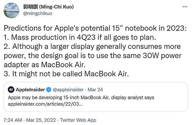 苹果15寸笔记本可能不叫MacBook Air，预计2023年第四季度量产 - 2