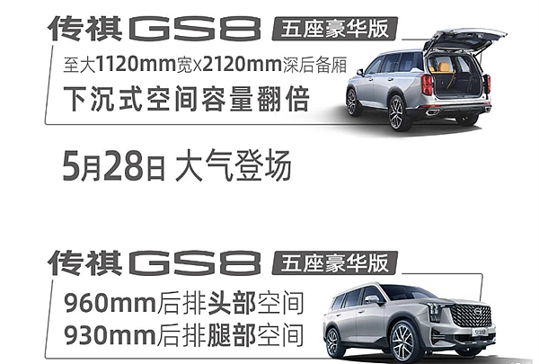 二排和后备厢空间更大！广汽传祺GS8五座豪华版将于5月28日上市 - 2