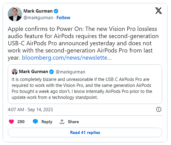古尔曼从苹果处确认：Vision Pro 头显无损音频仅限 USB-C AirPods Pro 2 耳机 - 1
