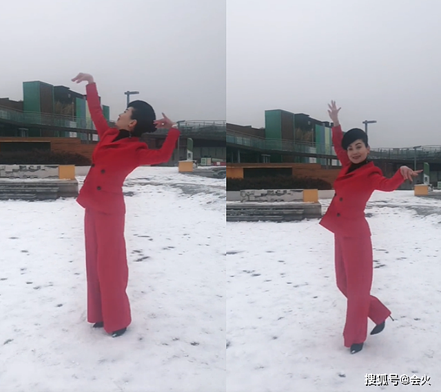 朱军妻子在雪地里跳舞！一身红西装舞姿优美，脚踩细高跟不怕滑 - 3