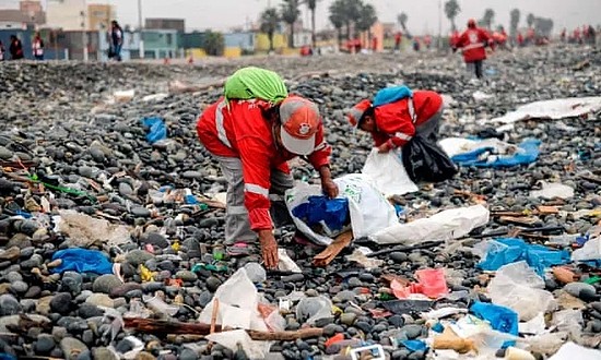 图中的志愿者正在秘鲁利马的一个海滩收集塑料垃圾