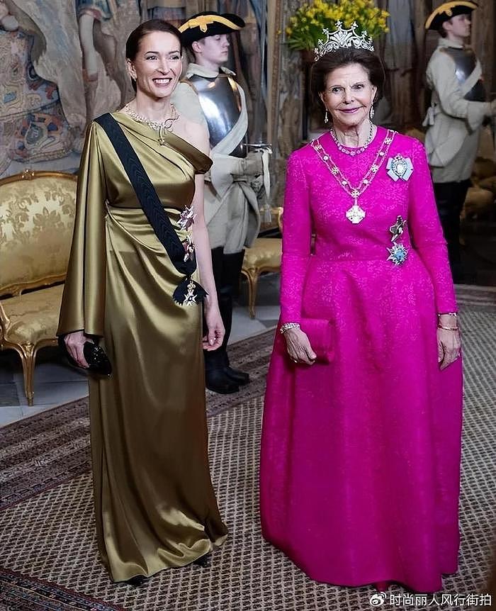 瑞典王室举行国宴！芬兰第一夫人穿香槟金太美，81岁王后穿芭比粉 - 2