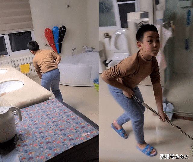 刘和刚儿子穿秋裤卖力拖地！豪宅厕所跟卧室一样大，扇形浴缸瞩目 - 3