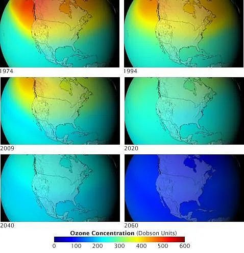 如果没有禁用CFC，臭氧浓度的变化，深蓝色代表臭氧浓度降为0。（图片来源：NASA）