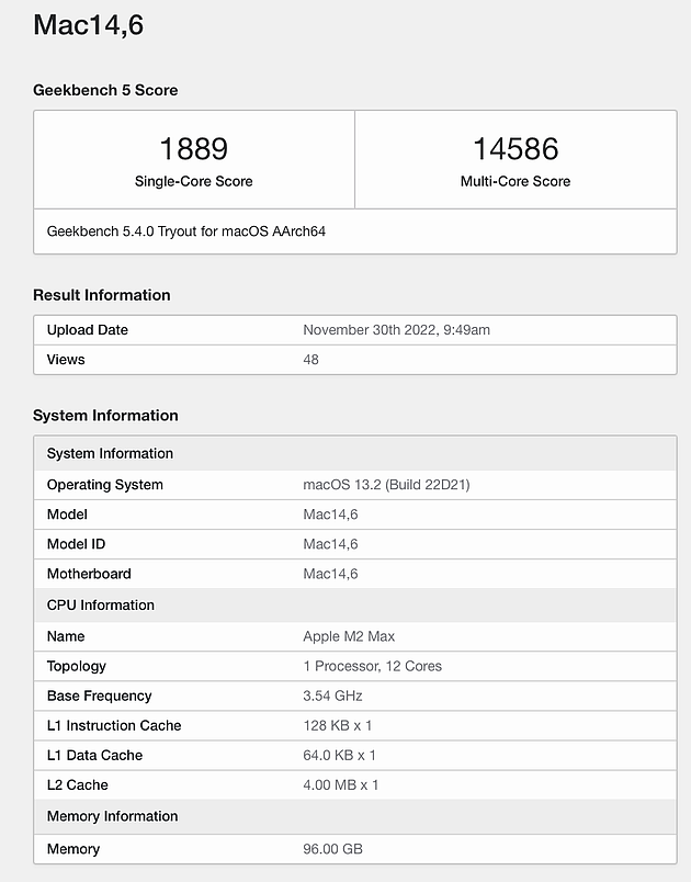 苹果M2 Max Geekbench跑分曝光：12核/3.5GHz，配96GB内存 - 1