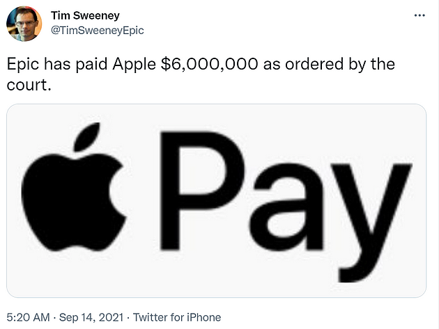 Epic CEO：已按照法院命令向苹果支付了600万美元 - 1