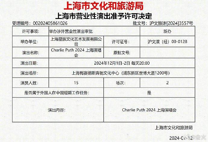 据最新活动信息显示，断眉Charlie Puth上海演唱会获批！12月1日-12月2日开唱 - 1