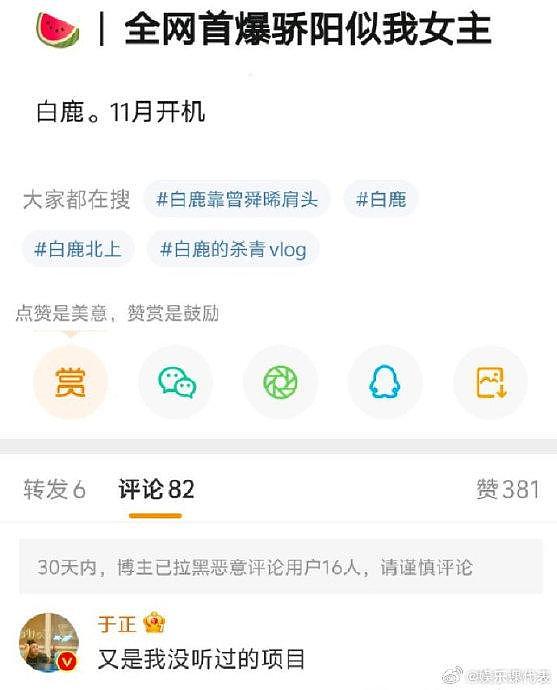 网传白鹿出演《骄阳似我》，于正：又是我没听过的项目 - 1