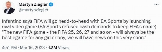 国际足联称《FIFA》最新作将与EA足球游戏展开交锋