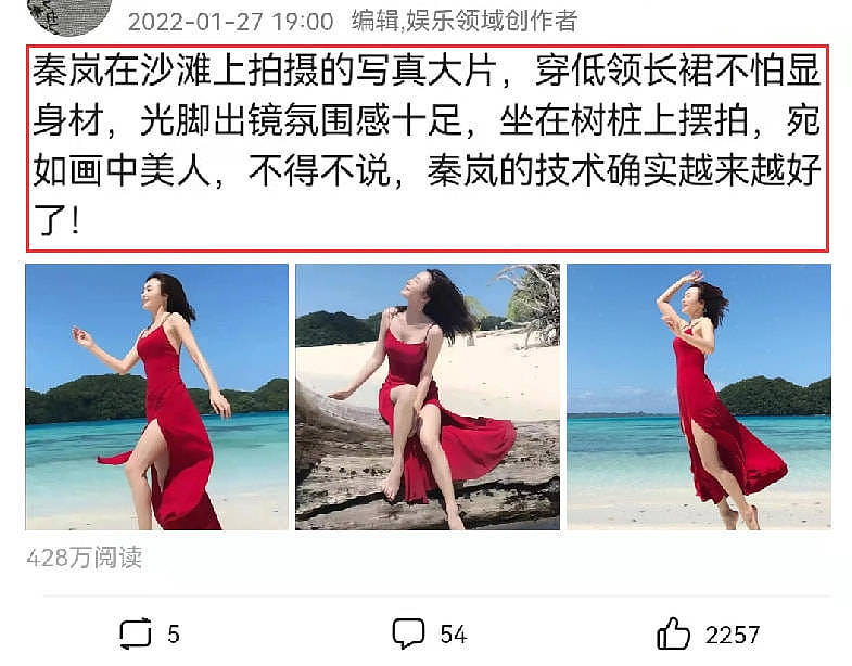 秦岚在沙滩上拍写真，穿低领长裙坐在树桩上摆拍，宛如画中美人 - 1
