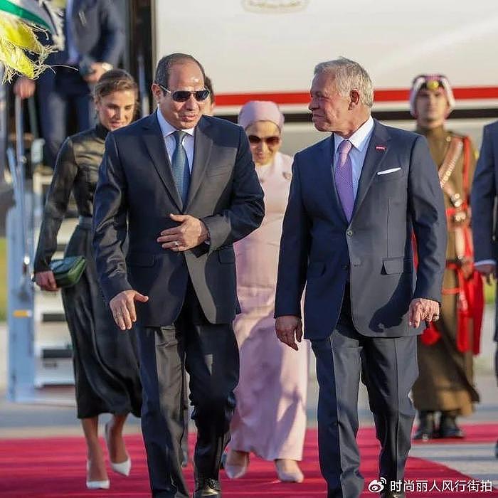 约旦王后欢迎埃及总统夫妇！埃及夫人穿粉裙很嫩，王后墨绿裙惊艳 - 2