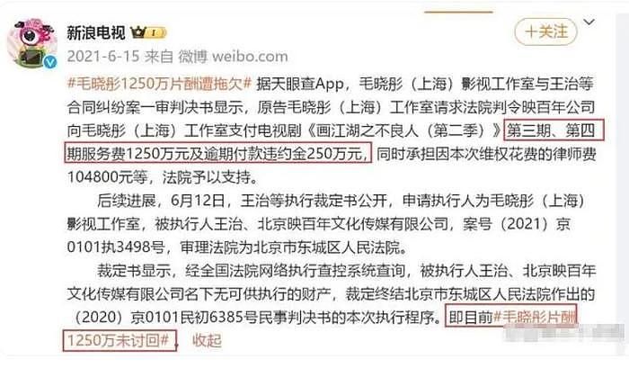 毛晓彤被曝欠薪1250万，7年前高收入惹争议，网友：她也不红 - 2
