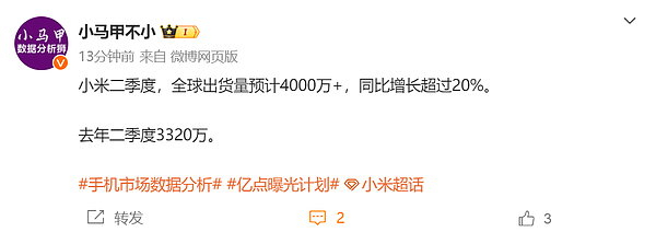 这么猛？博主：小米手机二季度全球出货量预计4000万+ - 3