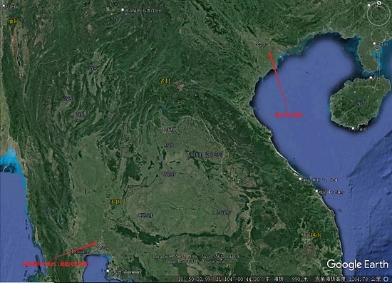 越南、泰国最重要的粮食生产基地在这些年都面临干旱和海水侵入的严重威胁（勘误：图中湄公河三角洲应为红河三角洲）。 图/谷歌地图