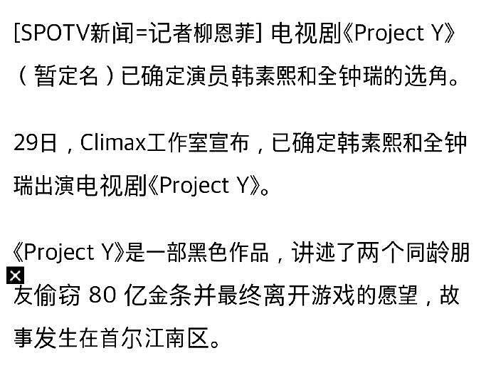 韩素希全钟瑞《Project Y》合作确定，下半年开拍 以首尔江南为背景… - 2