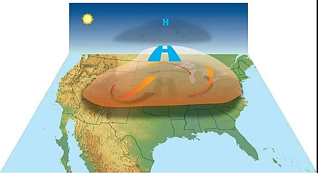 热穹中，热空气被“锁”在大气底层，被压缩而继续升温。来源：U。 S。 National Weather Service/National Ocean Service