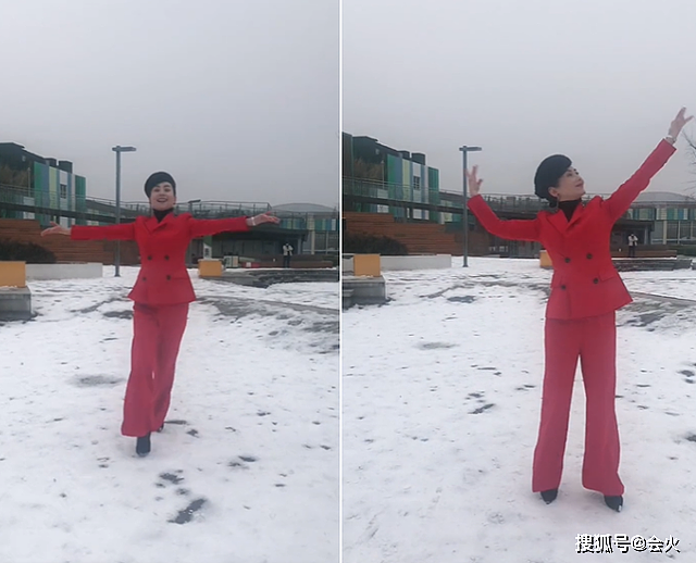 朱军妻子在雪地里跳舞！一身红西装舞姿优美，脚踩细高跟不怕滑 - 2