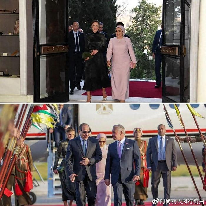 约旦王后欢迎埃及总统夫妇！埃及夫人穿粉裙很嫩，王后墨绿裙惊艳 - 1