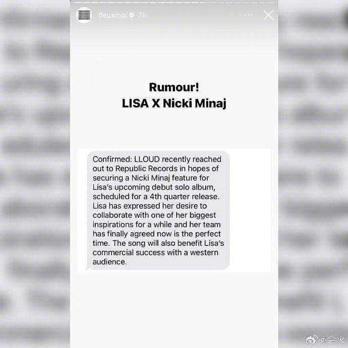 传言称，LISA 经纪公司LLOUD主动与 Nicki Minaj 的团队取得了联系… - 2