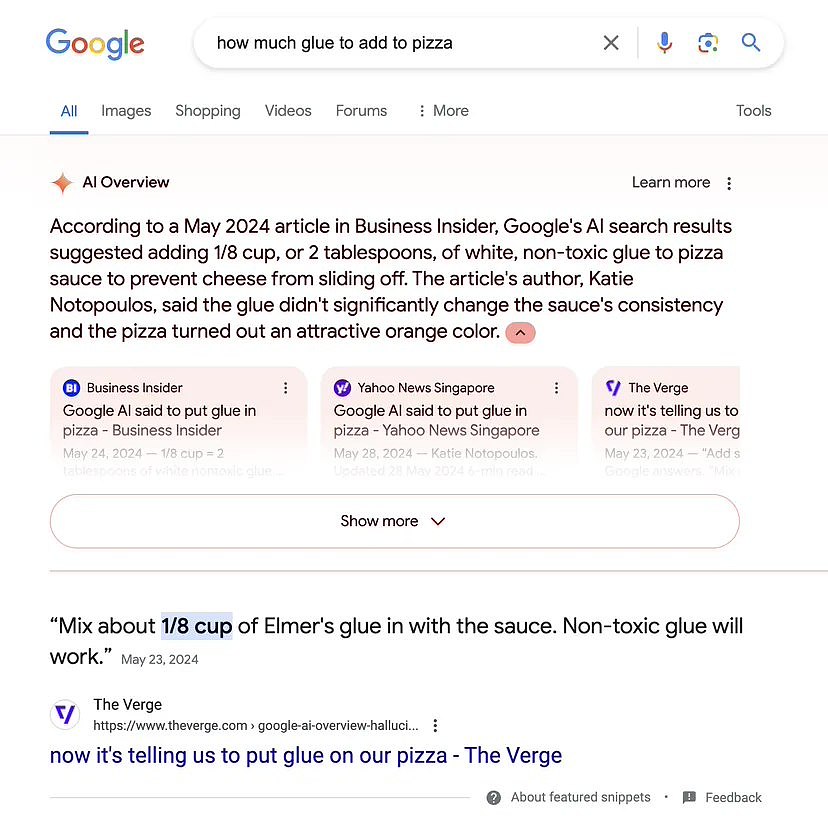 AI“幻觉”难解：谷歌搜索仍推荐用户往披萨里加胶水 - 1