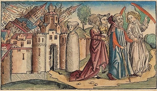 纽伦堡编年史中的所多玛事件， 左上角天空中的景象与考古学家推测的空爆场面很相似 | Hartmann Schedel， 1493年