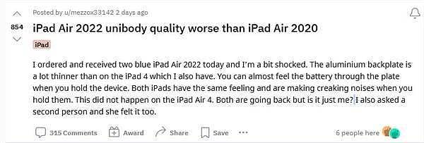 用户抱怨苹果偷工减料 iPad Air5质量严重缩水：你遇到了吗？ - 1