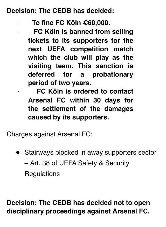 泰晤士报记者：欧足联重罚科隆六万欧+禁止售票