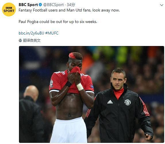 BBC：博格巴伤缺4到6周，或错过双红会