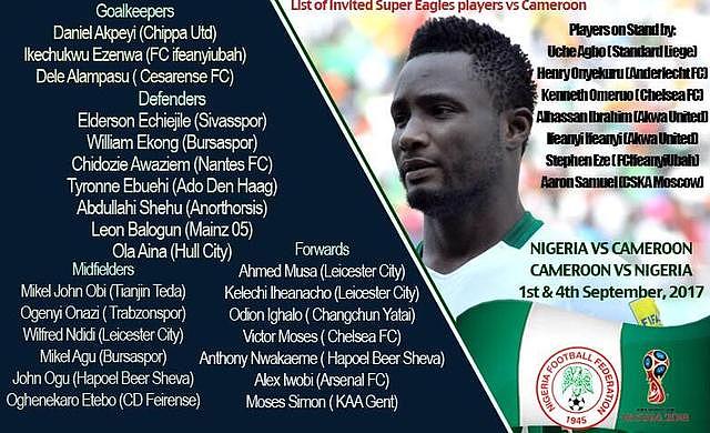 尼日利亚国家队名单：米克尔队长，伊哈洛入围
