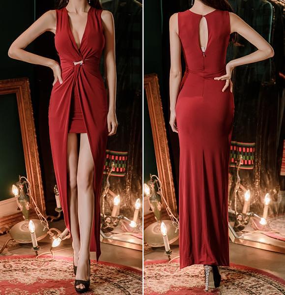 朴洙妍，哈瓦那热情红珊瑚高腰礼裙，抵挡不了的热情魅力