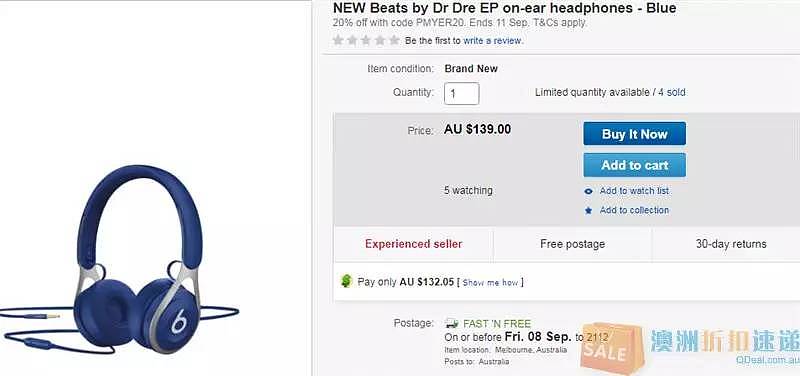 Myer的eBay旗舰店推出 Beats By Dr.Dre 耳机 原价139刀 8折优惠价111.2刀  - 1