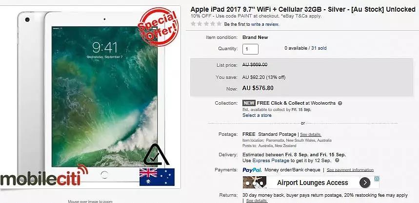 iPad 2017 32GB WiFi + Cellular 银色 金色 澳洲货源 原价$669 折后价：$519 - 2