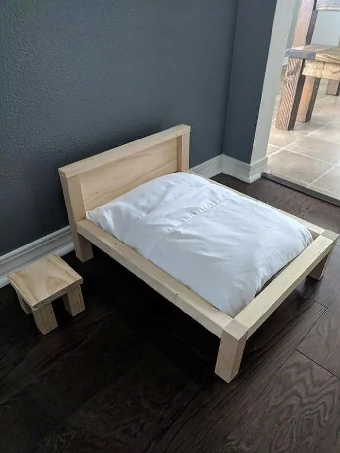 男主给猫做了张迷你小木床，还有床头柜，猫看后直接上去睡了！ - 2