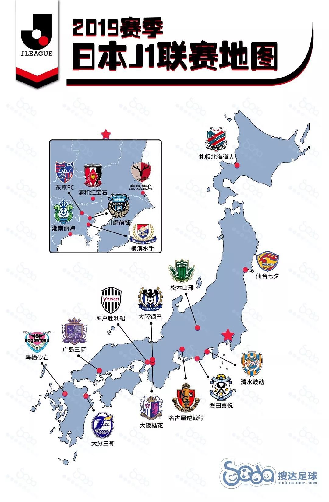 地图|2019赛季日本J联赛36队分布，这些队徽设计绝了 - 1