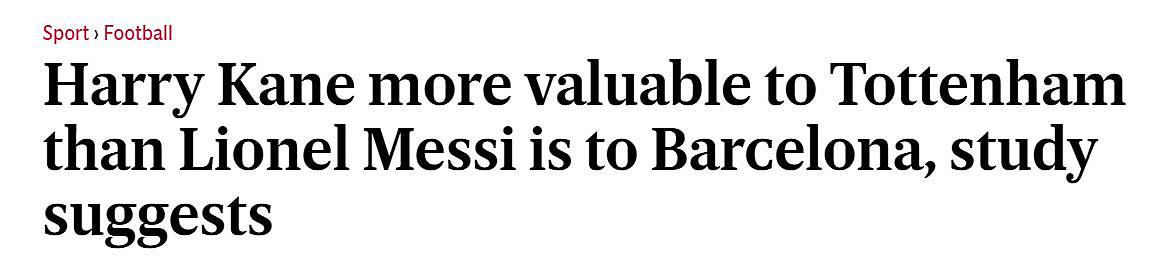 研究表明：凯恩对热刺的价值>梅西对巴萨的价值